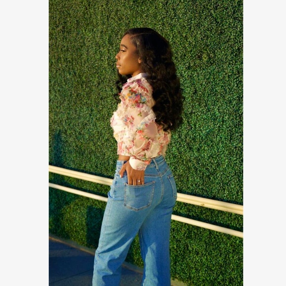 Off White Sheer Floral Ruffle Textured Crop Button Up Blouse Shirt Top - Picture 11 of 11